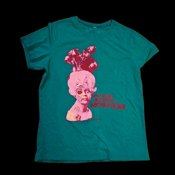 Vintage Beauty Monster Graphic Tee - Green and Pink, Fitted, Size Sm - Picture 1 of 4